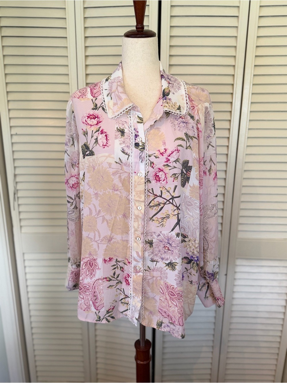 Cynthia Rowley Patchwork Floral Button Front Blouse Size 2X Cottagecore Boho